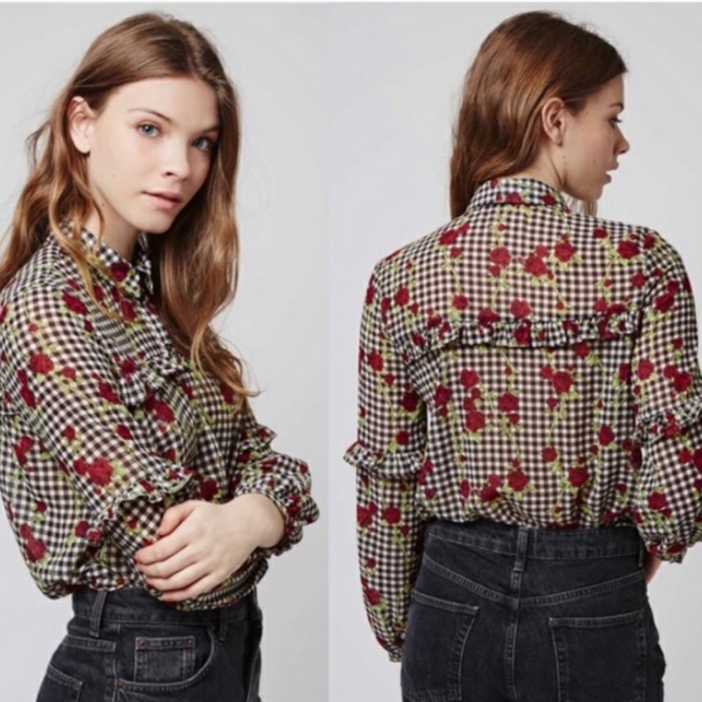 TopShop Gingham And Rose Print Ruffled Top